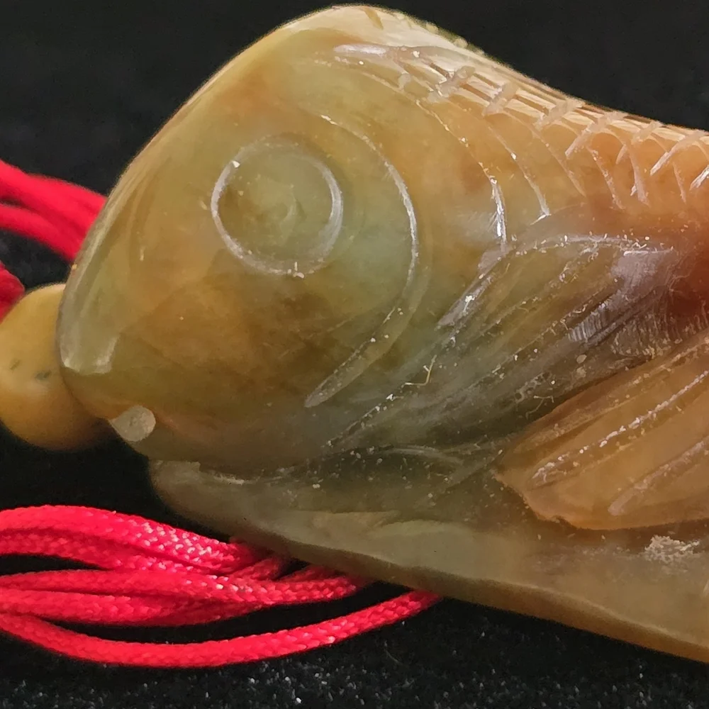 Chinese Carved Jade Stone Coyfish Pendant Necklace